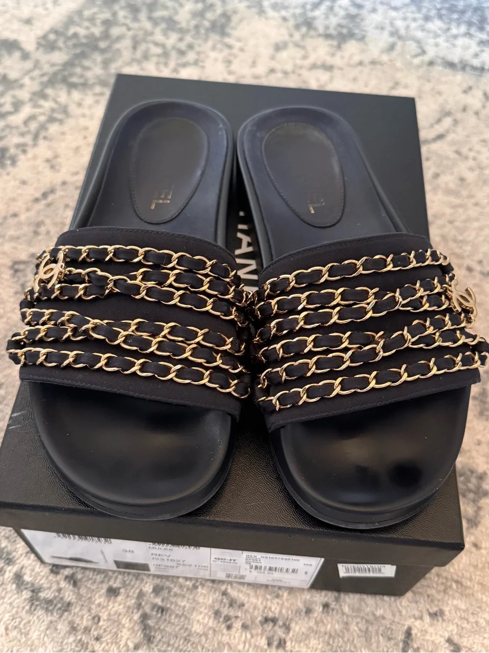 Chanel Navy Blue Chain REV Slides